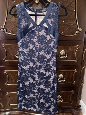 GUESS Navy Lace Midi Dress with Blush Lining